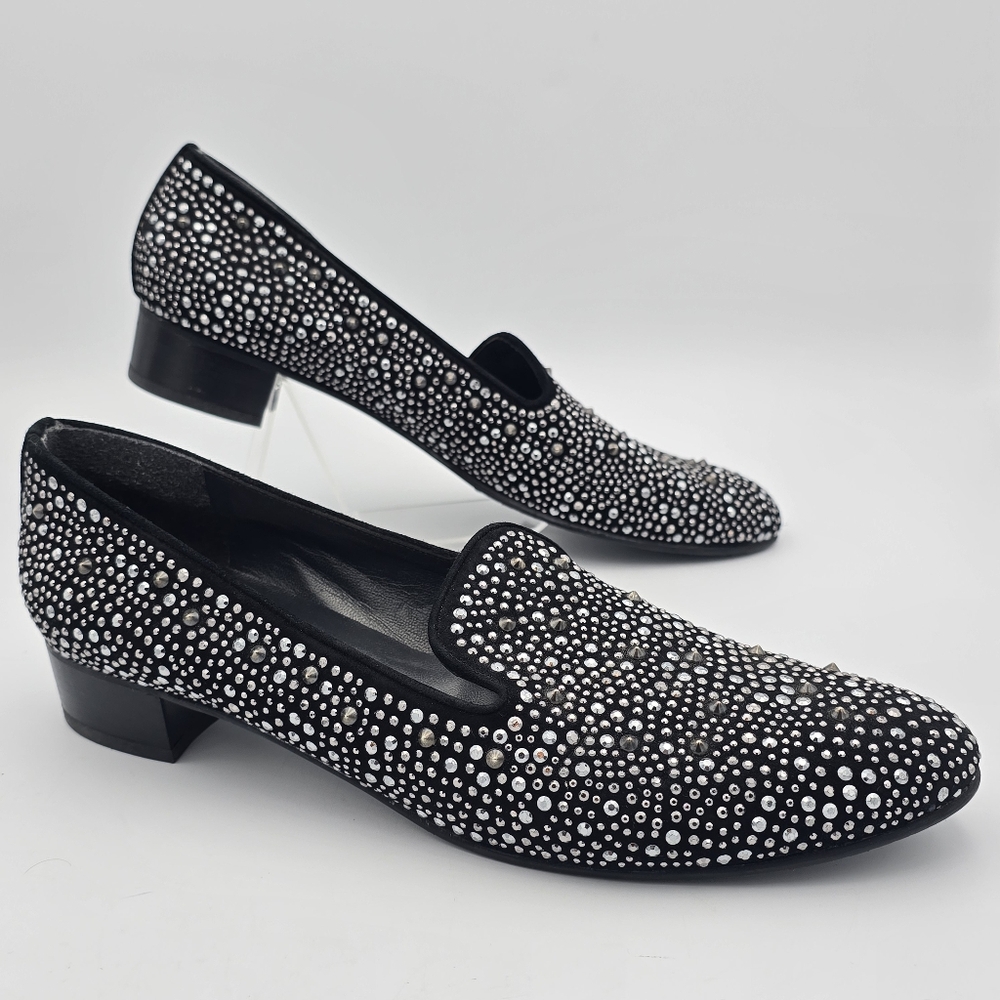 Stuart Weitzman Slipbead Studded Loafers, Women's 12N, Black, Silver Rhinestones